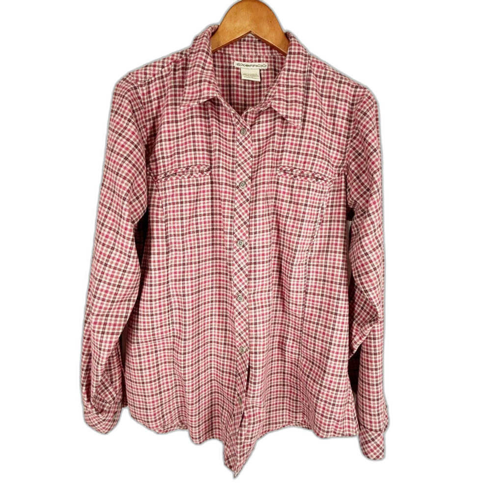 ExOfficio Button Front Shirt Womens L Red Burgundy White Plaid Pocket Travel